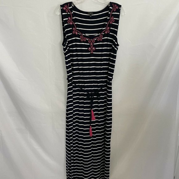 Talbots Navy Striped Tassel Belted Embroidered Jersey Maxi Dress X Plus XXL - Picture 2 of 5